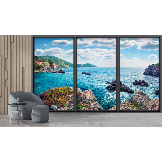 Optical Illusion Panoramic Bay Window Wall Mural / Wallpaper - Sea view