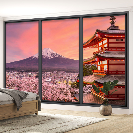 Optical Illusion Panoramic Bay Window Wall Mural / Wallpaper - Temple view Mount Fuji