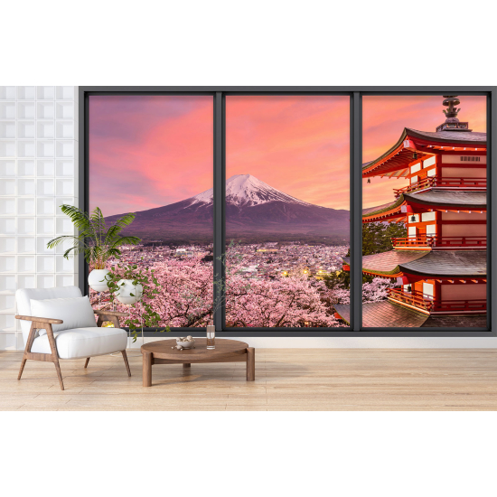 Optical Illusion Panoramic Bay Window Wall Mural / Wallpaper - Temple view Mount Fuji