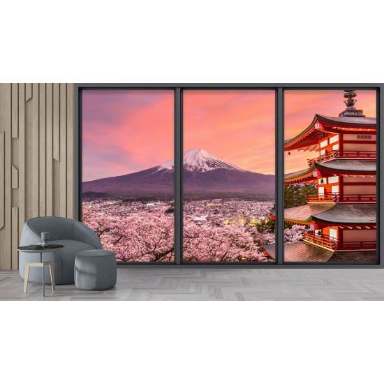 Optical Illusion Panoramic Bay Window Wall Mural / Wallpaper - Temple view Mount Fuji