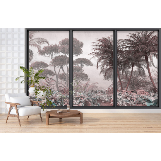 Optical Illusion Panoramic Bay Window Wall Mural / Wallpaper - Tropical forest