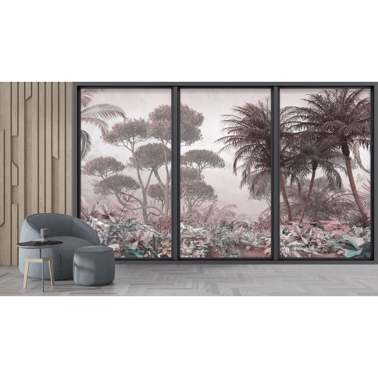 Optical Illusion Panoramic Bay Window Wall Mural / Wallpaper - Tropical forest