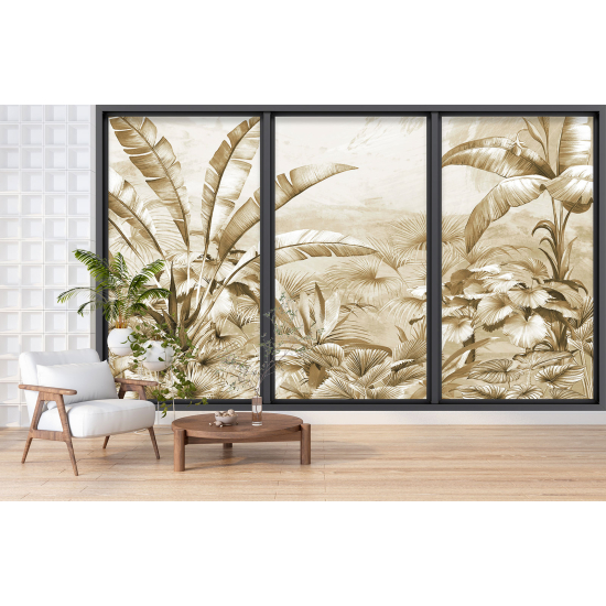 Optical Illusion Panoramic Bay Window Wall Mural / Wallpaper - Tropical forest