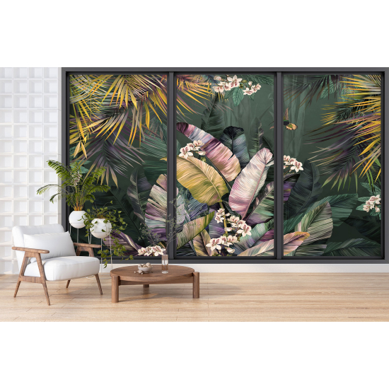 Optical Illusion Panoramic Bay Window Wall Mural / Wallpaper - Tropical forest