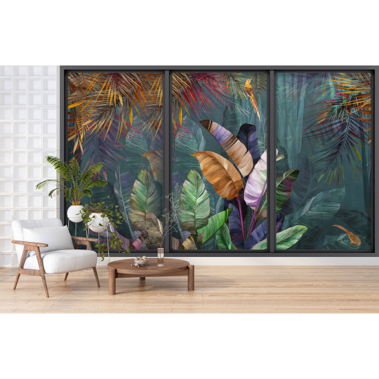 Optical Illusion Panoramic Bay Window Wall Mural / Wallpaper - Tropical forest