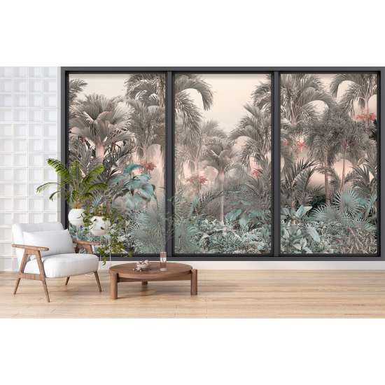 Optical Illusion Panoramic Bay Window Wall Mural / Wallpaper - Tropical forest