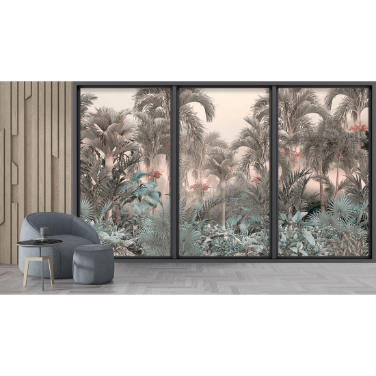 Optical Illusion Panoramic Bay Window Wall Mural / Wallpaper - Tropical forest