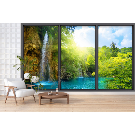 Optical Illusion Panoramic Bay Window Wall Mural / Wallpaper - Waterfall