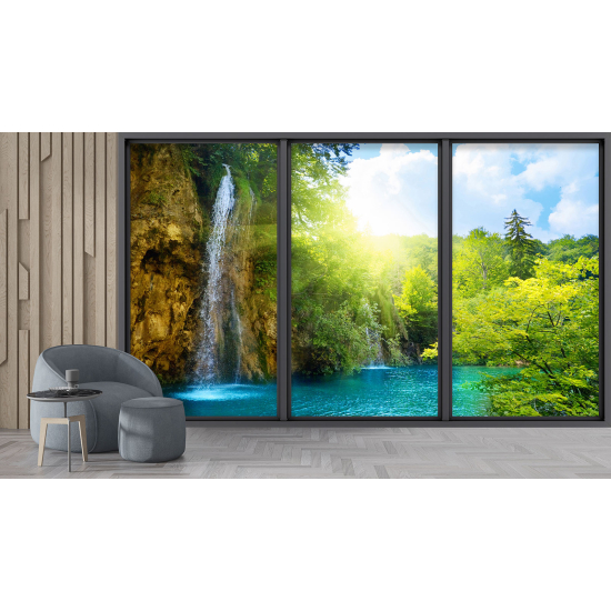 Optical Illusion Panoramic Bay Window Wall Mural / Wallpaper - Waterfall