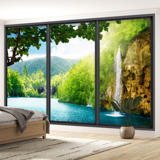 Optical Illusion Panoramic Bay Window Wall Mural / Wallpaper - Waterfall