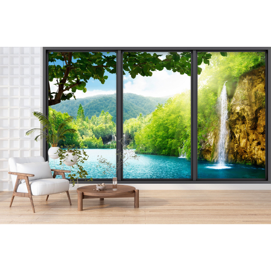 Optical Illusion Panoramic Bay Window Wall Mural / Wallpaper - Waterfall