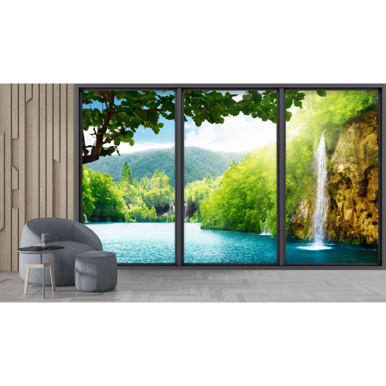 Optical Illusion Panoramic Bay Window Wall Mural / Wallpaper - Waterfall