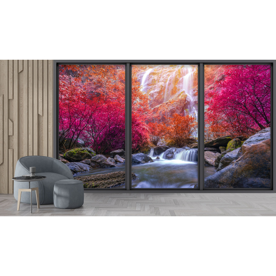 Optical Illusion Panoramic Bay Window Wall Mural / Wallpaper - Waterfall