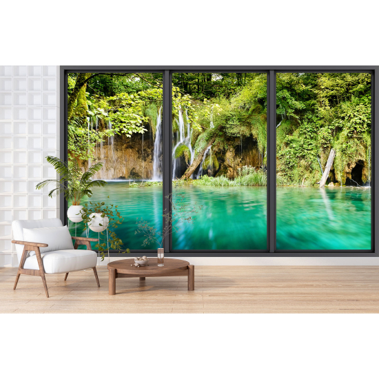 Optical Illusion Panoramic Bay Window Wall Mural / Wallpaper - Waterfalls