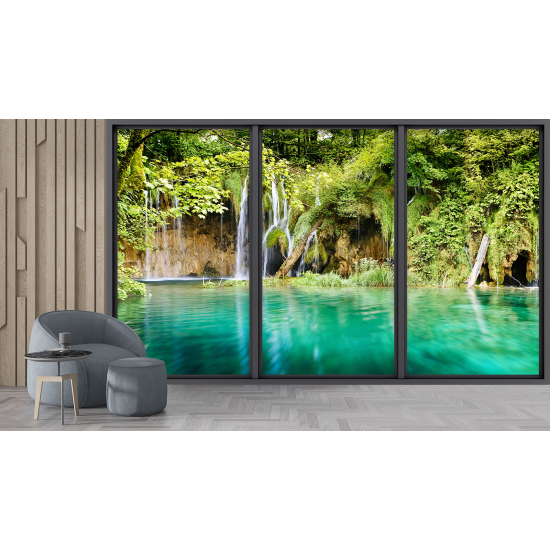 Optical Illusion Panoramic Bay Window Wall Mural / Wallpaper - Waterfalls