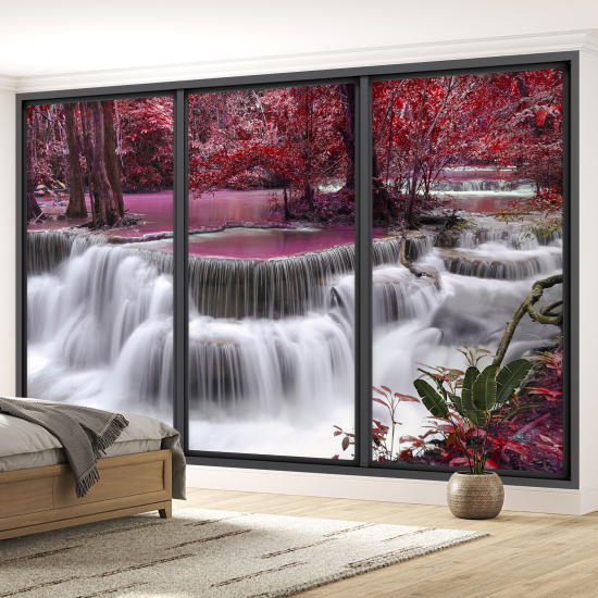 Optical Illusion Panoramic Bay Window Wall Mural / Wallpaper - Waterfalls