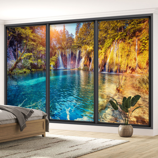 Optical Illusion Panoramic Bay Window Wall Mural / Wallpaper - Waterfalls