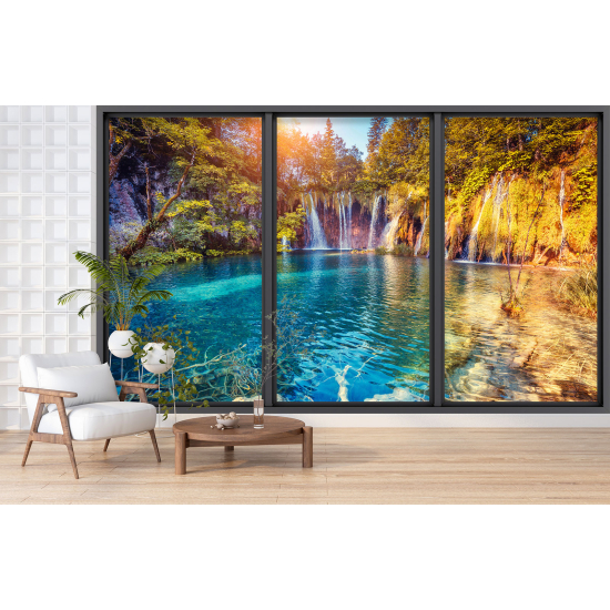 Optical Illusion Panoramic Bay Window Wall Mural / Wallpaper - Waterfalls