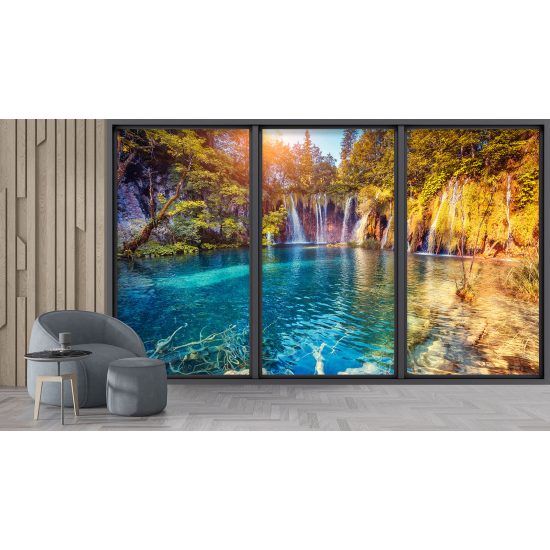 Optical Illusion Panoramic Bay Window Wall Mural / Wallpaper - Waterfalls