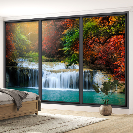 Optical Illusion Panoramic Bay Window Wall Mural / Wallpaper - Waterfalls