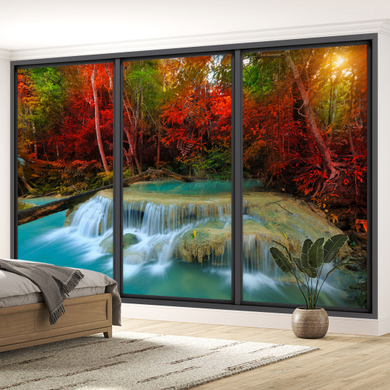 Optical Illusion Panoramic Bay Window Wall Mural / Wallpaper - Waterfalls