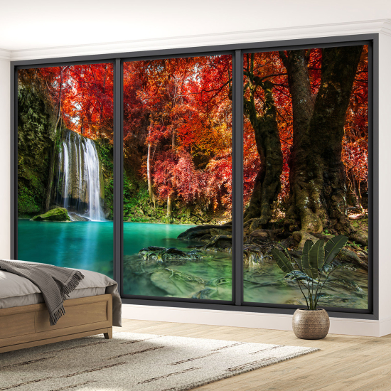 Optical Illusion Panoramic Bay Window Wall Mural / Wallpaper - Waterfalls