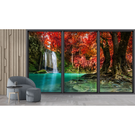 Optical Illusion Panoramic Bay Window Wall Mural / Wallpaper - Waterfalls