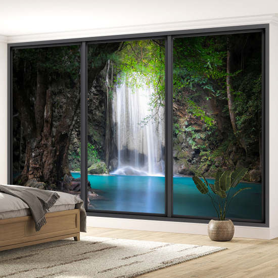 Optical Illusion Panoramic Bay Window Wall Mural / Wallpaper - Waterfalls