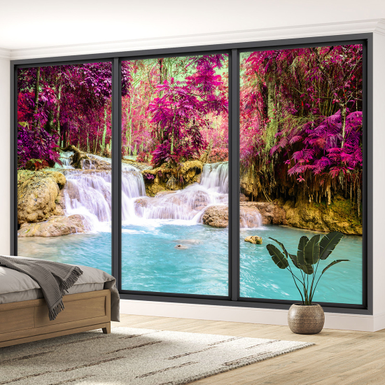 Optical Illusion Panoramic Bay Window Wall Mural / Wallpaper - Waterfalls