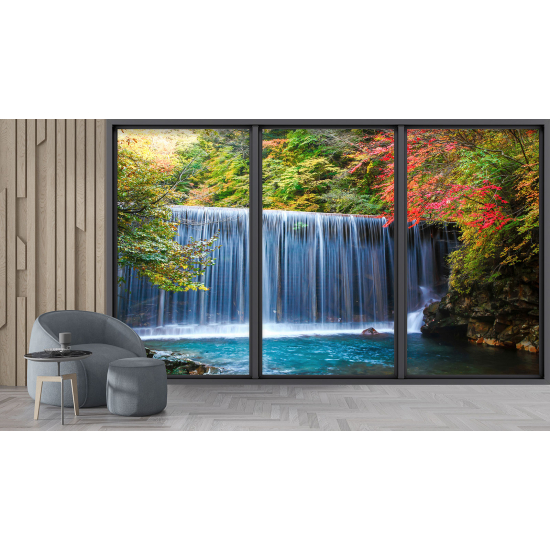 Optical Illusion Panoramic Bay Window Wall Mural / Wallpaper - Waterfalls