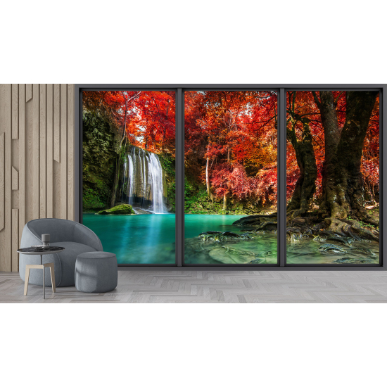 Optical Illusion Panoramic Bay Window Wall Mural / Wallpaper - Waterfalls