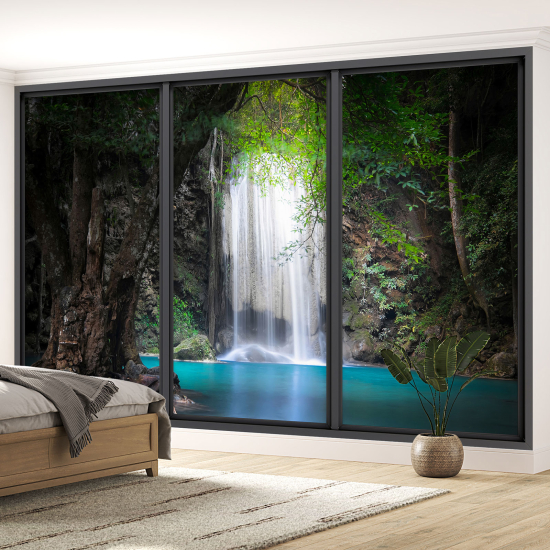 Optical Illusion Panoramic Bay Window Wall Mural / Wallpaper - Waterfalls