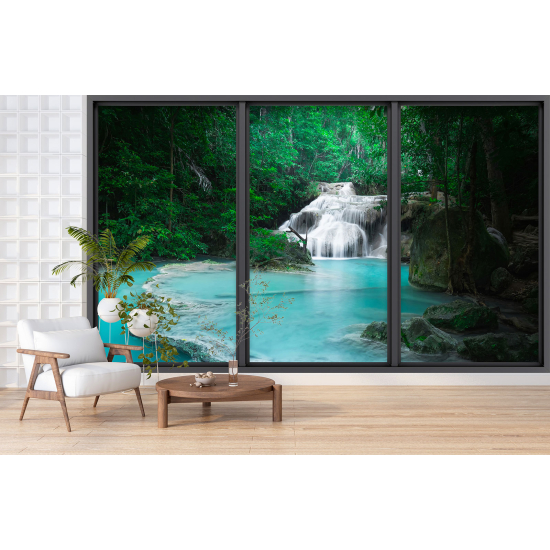 Optical Illusion Panoramic Bay Window Wall Mural / Wallpaper - Waterfalls