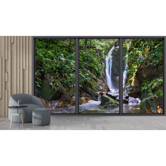 Optical Illusion Panoramic Bay Window Wall Mural / Wallpaper - Waterfalls