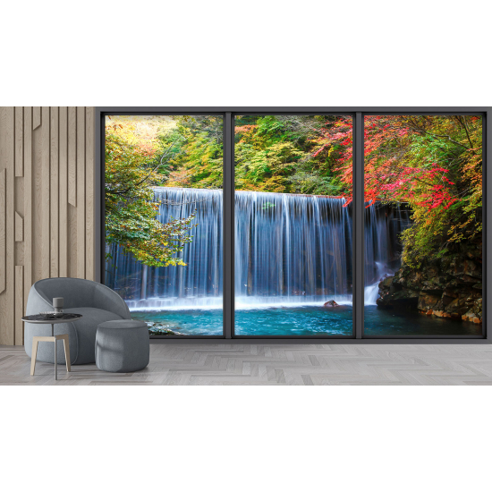 Optical Illusion Panoramic Bay Window Wall Mural / Wallpaper - Waterfalls