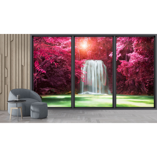 Optical Illusion Panoramic Bay Window Wall Mural / Wallpaper - Waterfalls