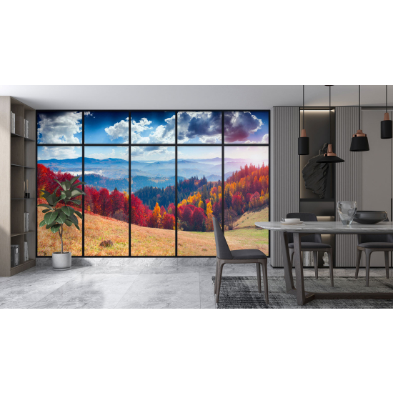 Optical Illusion Panoramic Window Wall Mural / Wallpaper - Autumn forest