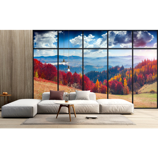 Optical Illusion Panoramic Window Wall Mural / Wallpaper - Autumn forest