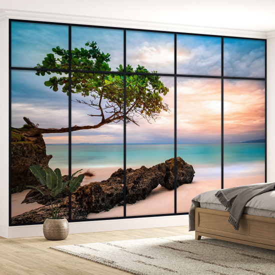 Optical Illusion Panoramic Window Wall Mural / Wallpaper - Beach