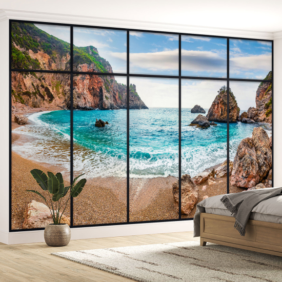 Optical Illusion Panoramic Window Wall Mural / Wallpaper - Beach