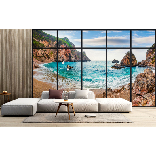 Optical Illusion Panoramic Window Wall Mural / Wallpaper - Beach