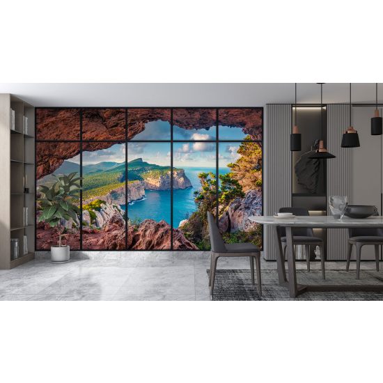 Optical Illusion Panoramic Window Wall Mural / Wallpaper - Cave with sea view