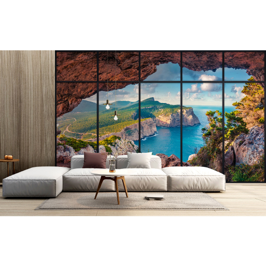 Optical Illusion Panoramic Window Wall Mural / Wallpaper - Cave with sea view