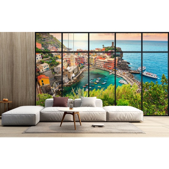 Optical Illusion Panoramic Window Wall Mural / Wallpaper - Cinque Terre