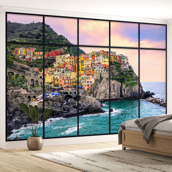 Optical Illusion Panoramic Window Wall Mural / Wallpaper - Cinque Terre