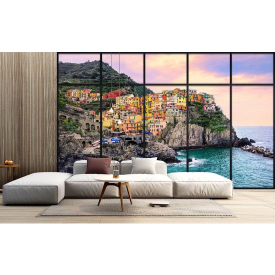 Optical Illusion Panoramic Window Wall Mural / Wallpaper - Cinque Terre