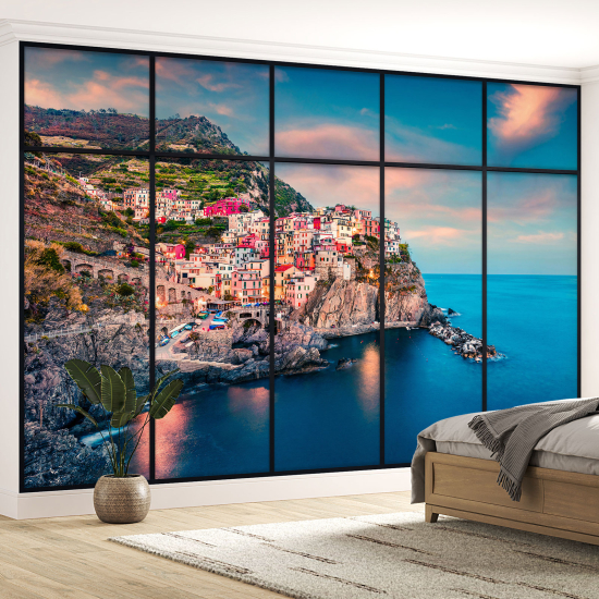 Optical Illusion Panoramic Window Wall Mural / Wallpaper - Cinque Terre