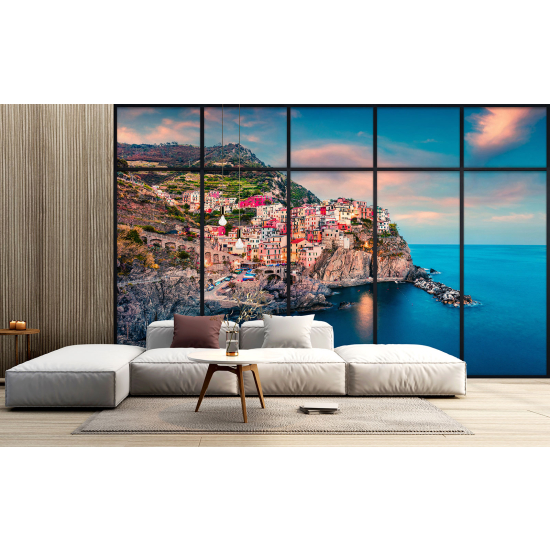 Optical Illusion Panoramic Window Wall Mural / Wallpaper - Cinque Terre