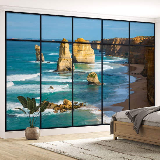 Optical Illusion Panoramic Window Wall Mural / Wallpaper - Cliffs