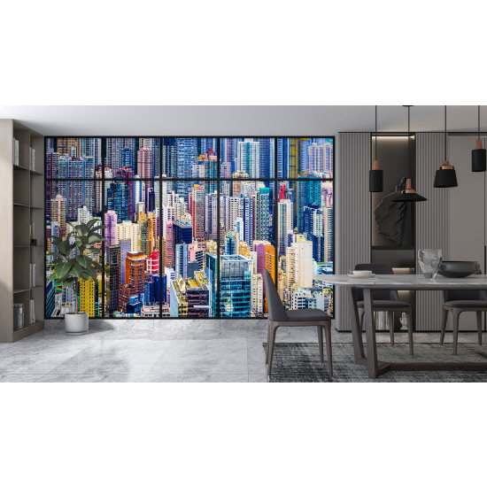 Optical Illusion Panoramic Window Wall Mural / Wallpaper - Colorful buildings